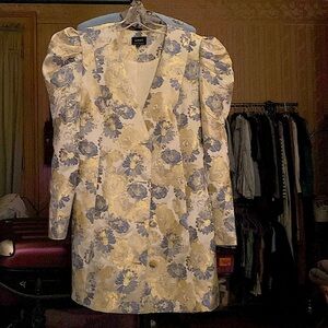 Bardot Blue Gold Metallic Jacquard Floral Long Sleeve Button Front Blazer Dress